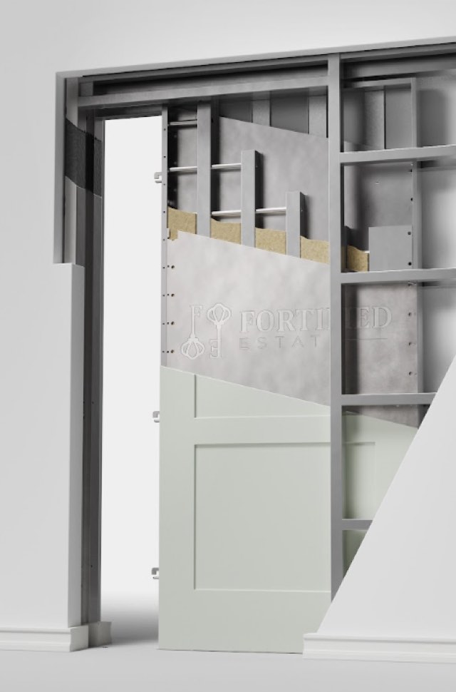 Cutaway of an armored pocket door, showing the steel pocket frame, the header track it hangs from and the Rockwool packed behind the leaf.