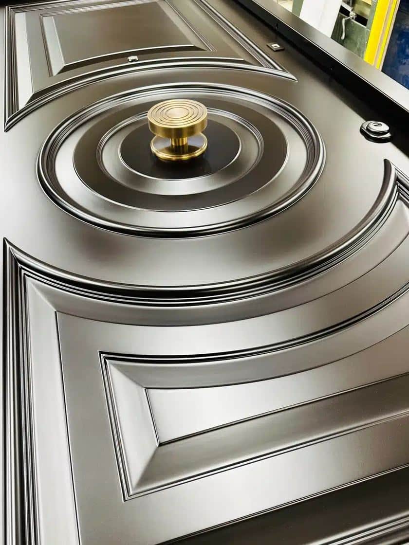 Custom circle-milled armored door panel with a brass center knob.