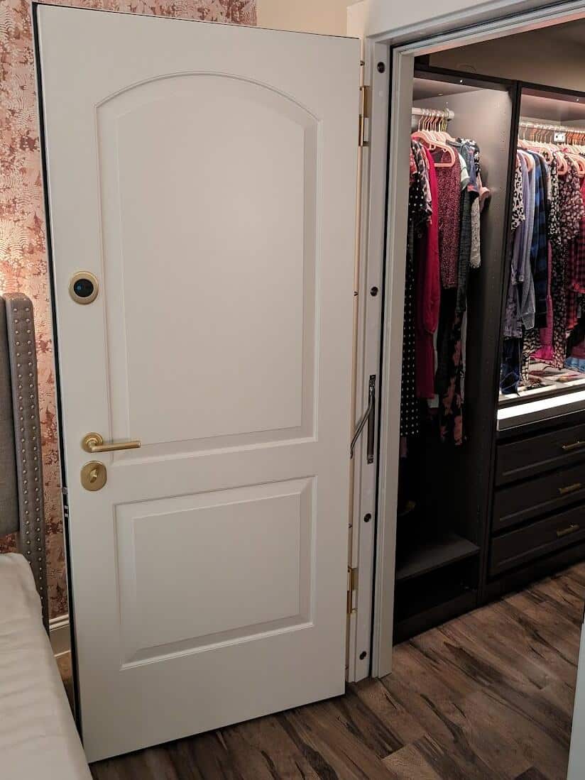 White arched-panel door with brass hardware, open onto a walk-in closet.