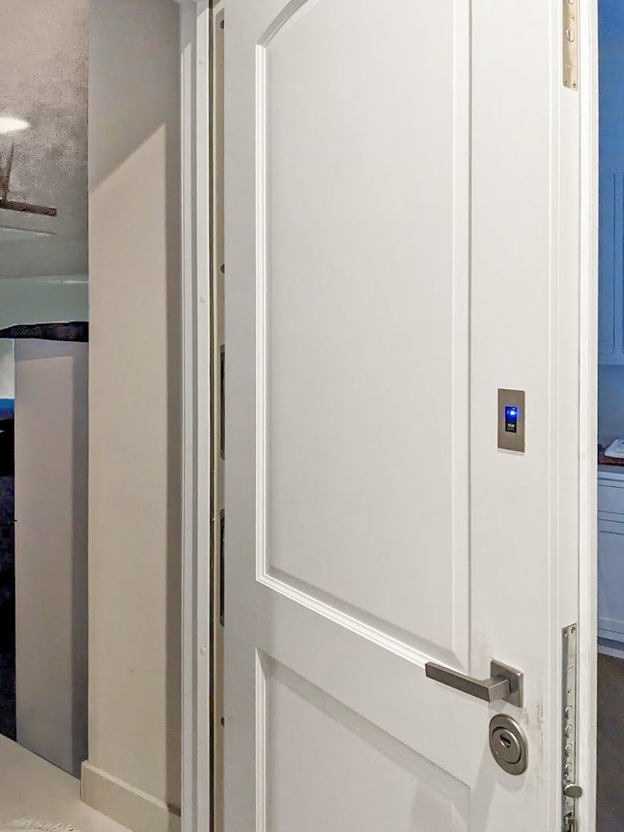 Fingerprint reader and lever set into the edge of a white paneled door.