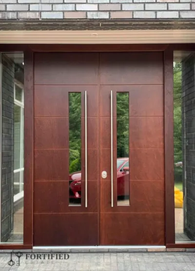 high security door clad with mahogany